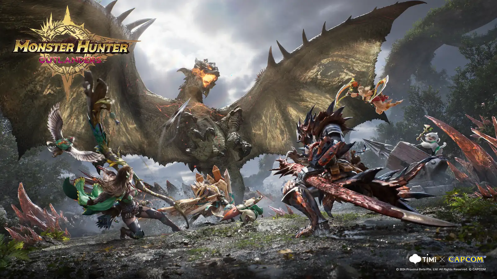 Monster Hunter Outlanders: arte oficial de Monster Hunter Outlanders con el logotipo del juego. Imagen: © CAPCOM / TiMi Studio Group (Level Infinite), vía press kit oficial