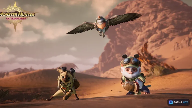 Monster Hunter Outlanders: captura oficial del juego con un Palico y su compañero volador en el desierto. Imagen: © CAPCOM / TiMi Studio Group (Level Infinite)